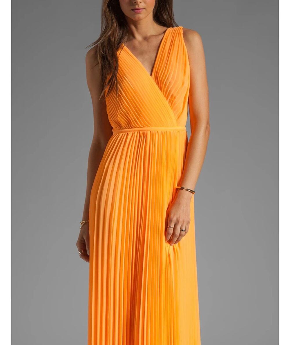 Halston Heritage Orange Pleated V-Neck Gown Crave You Maxi Dress Size 4